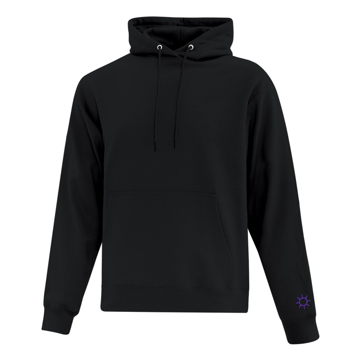 hoodie noir avec un soleil minimaliste mauve brodé sur le bout de la manche gauche
