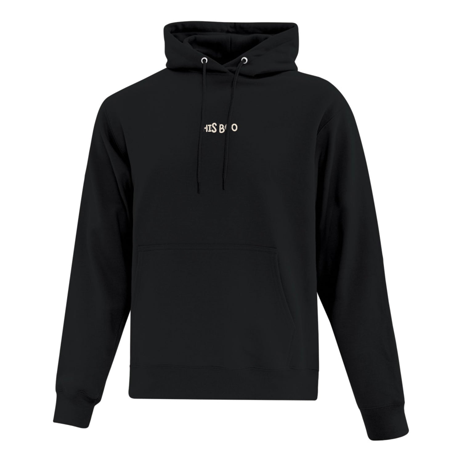hoodie noir broderie his boo au centre en blanc crème
