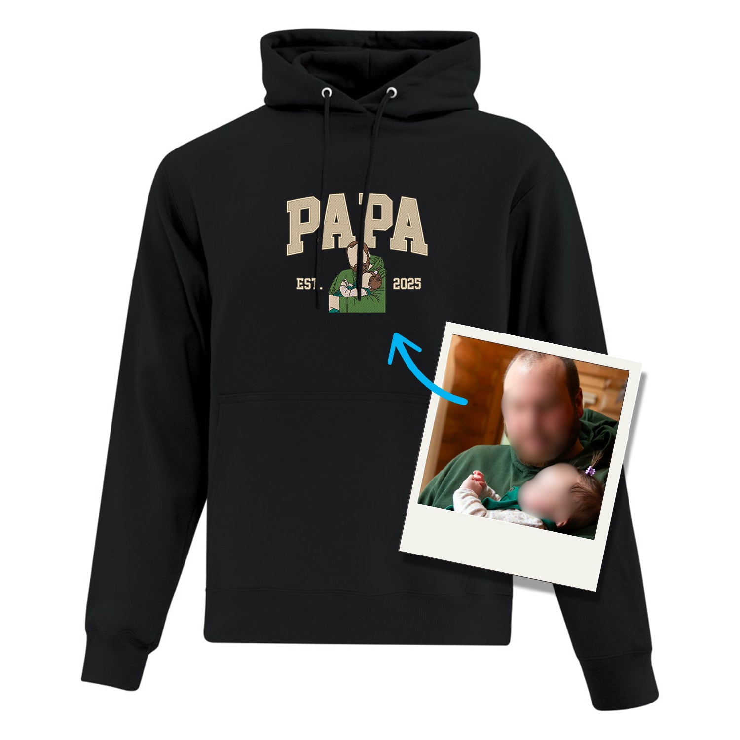 coton ouaté à capuchon noir avec broderie PAPA, EST. 2025 et une broderie de portrait fait à partir d'une photo. cadeau de famille personnalisé