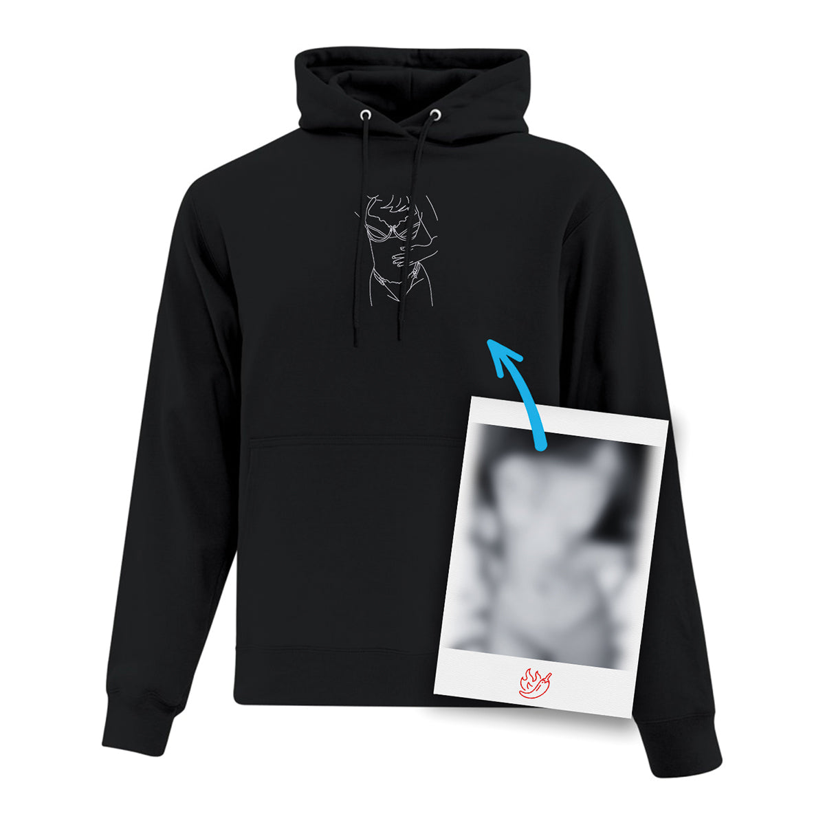 coton ouaté à capuchon noir avec cordon et une broderie blanche minimaliste d'une silhouette faite à partir d'une photo coquine