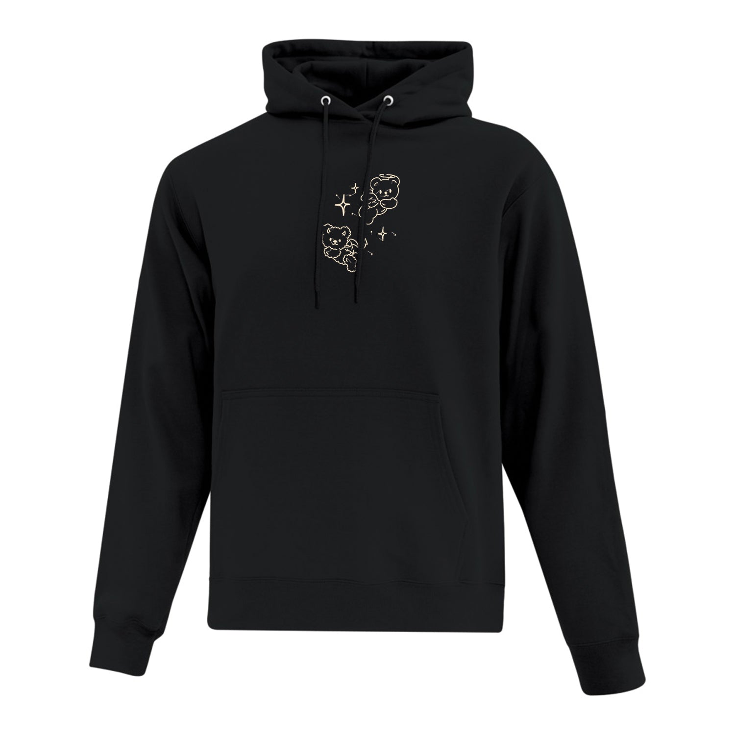 coton ouaté à capuchon noir avec broderie d'oursons ange et démon blanc crème avec des petites étoiles