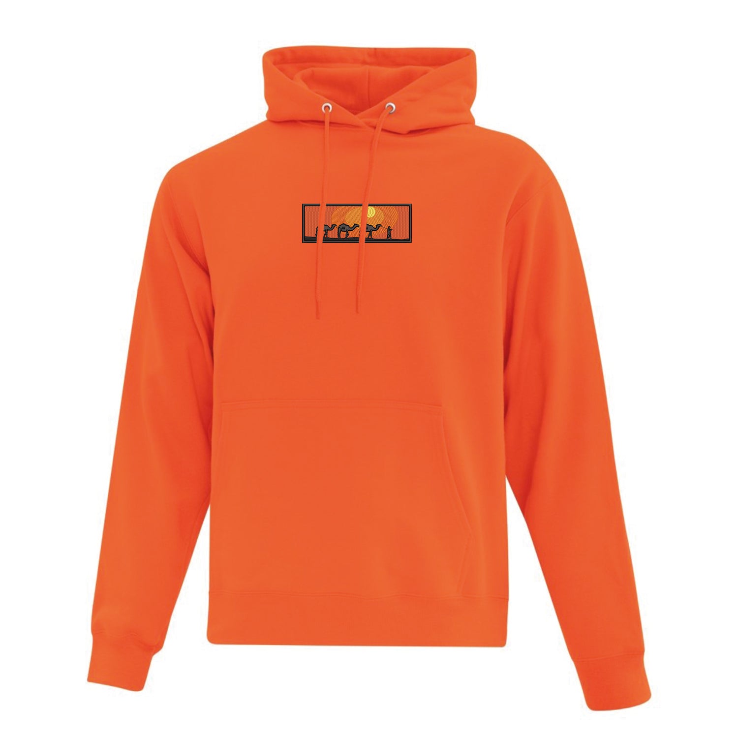 coton ouaté à capuchon orange avec une broderie d'un décor du désert au coucher de soleil avec des chameaux