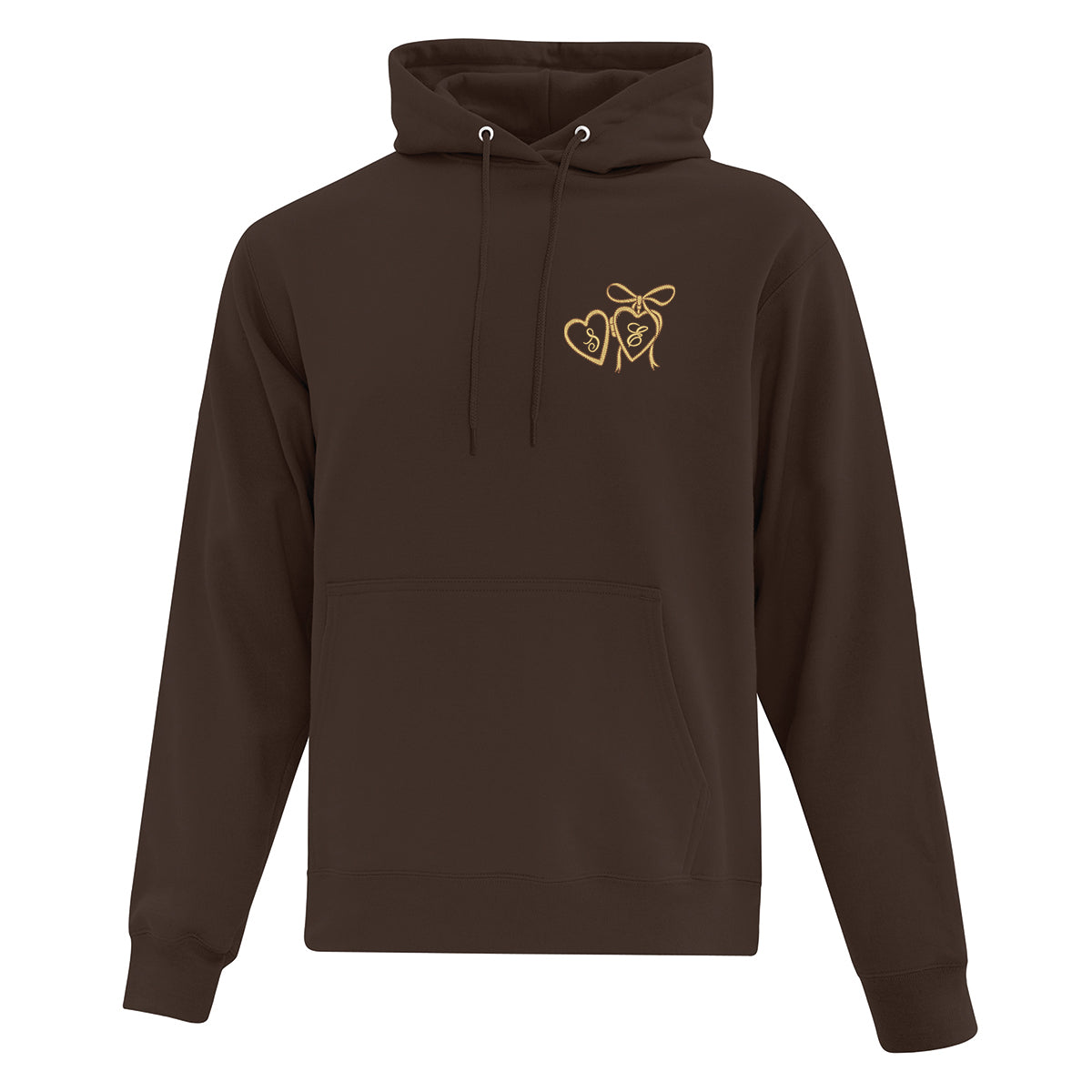 coton ouaté à capuchon brun sur fond blanc avec broderie de pendentif en forme de coeur or ayant des initiales brodées
