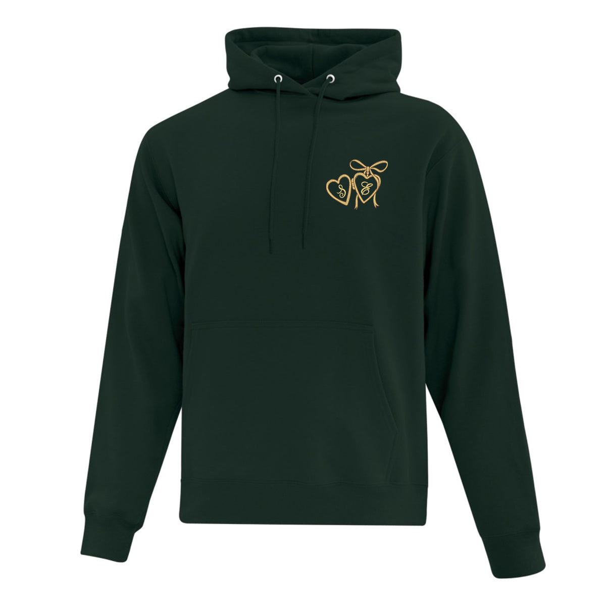 coton ouaté à capuchon vert forêt sur fond blanc avec broderie de pendentif en forme de coeur or ayant des initiales brodées