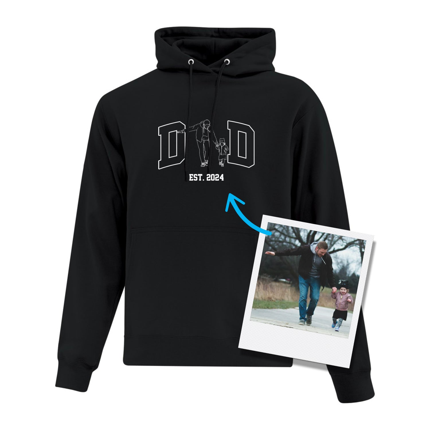 coton ouaté à capuchon noir avec une broderie DAD avec une photo remplaçant le "A" ainsi que l'année de naissance de l'enfant ainé en dessous