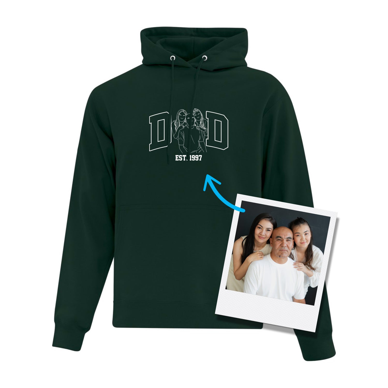 coton ouaté à capuchon vert foret avec une broderie DAD avec une photo remplaçant le "A" ainsi que l'année de naissance de l'enfant ainé en dessous