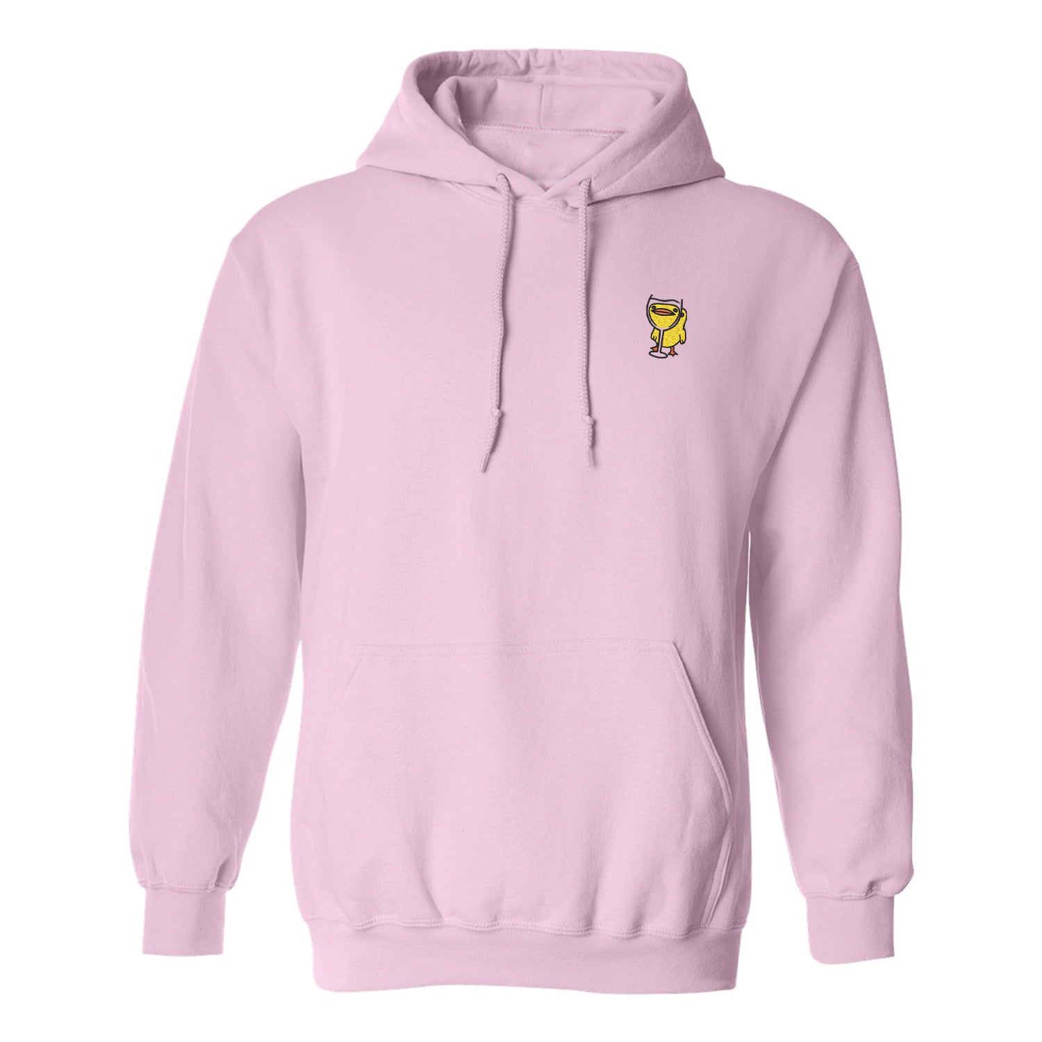 hoodie rose pâle canard brodé qui regarde dans une coupe de vin