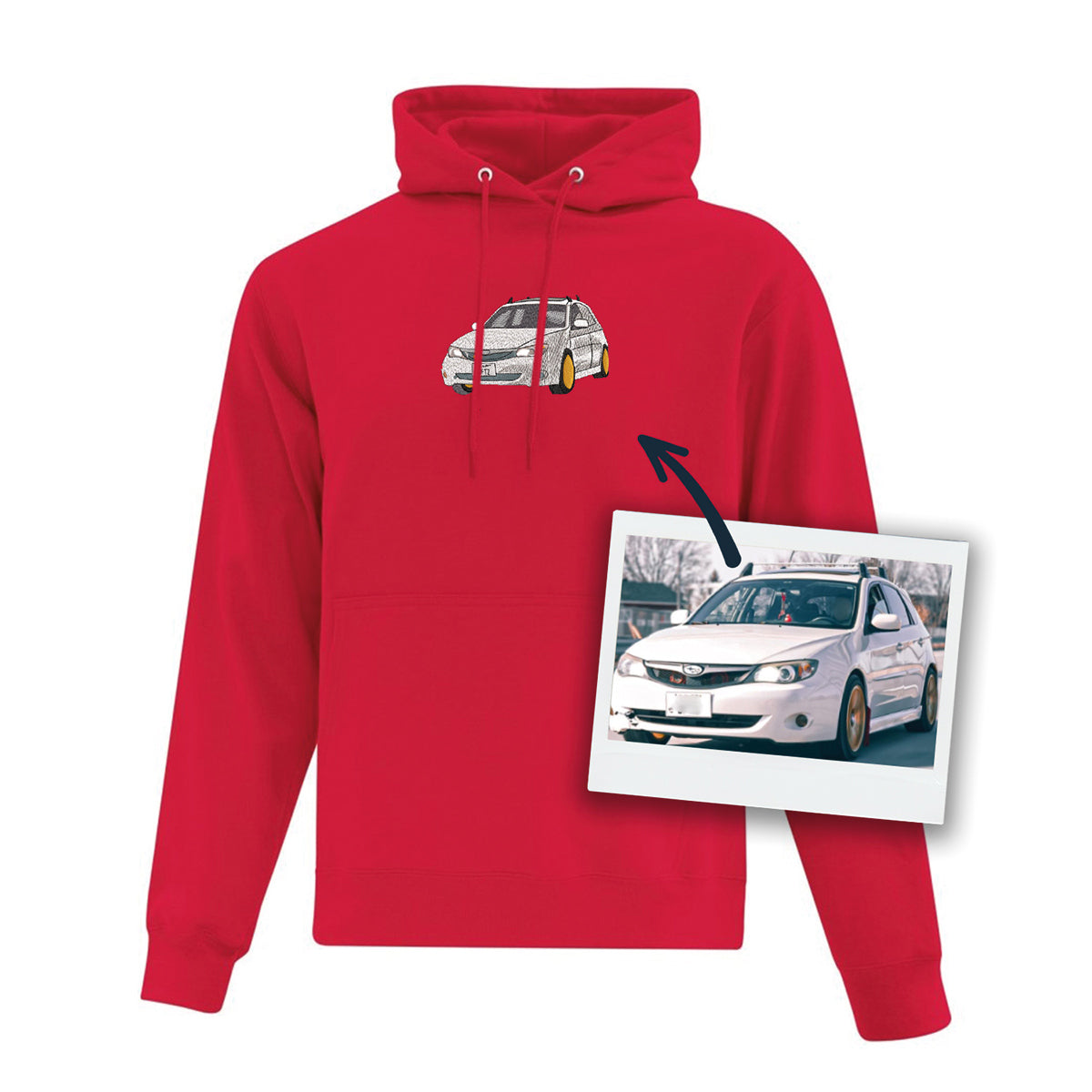 coton ouaté à capuchon rouge avec broderie d'une voiture faite à partir d'une photo