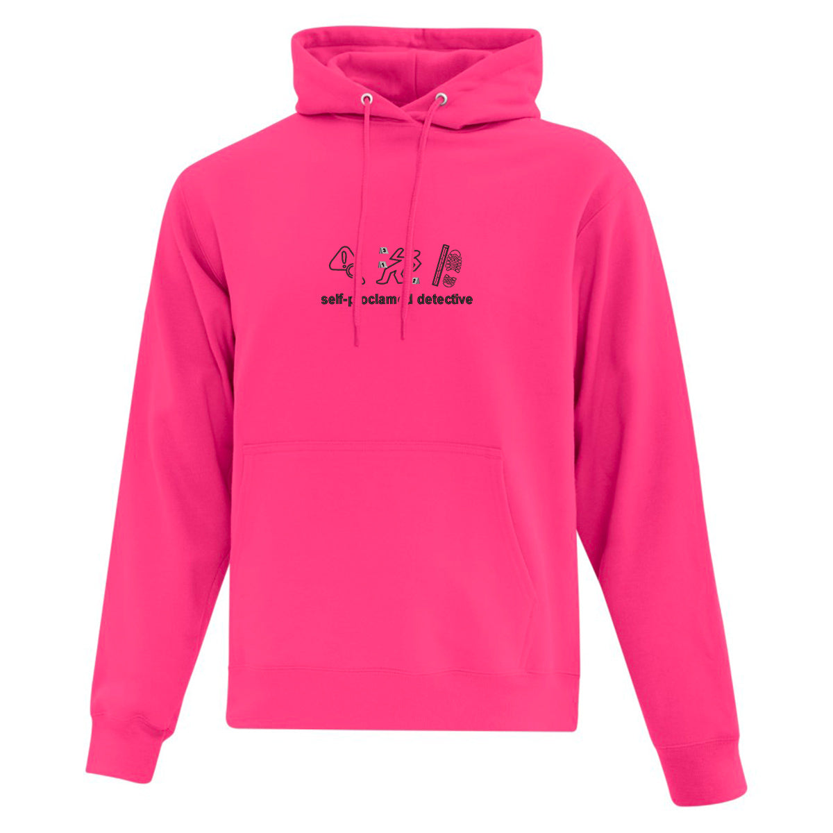 coton ouaté à capuchon fuschia avec broderie fan de true crime "self-proclamed detective" centré en noir