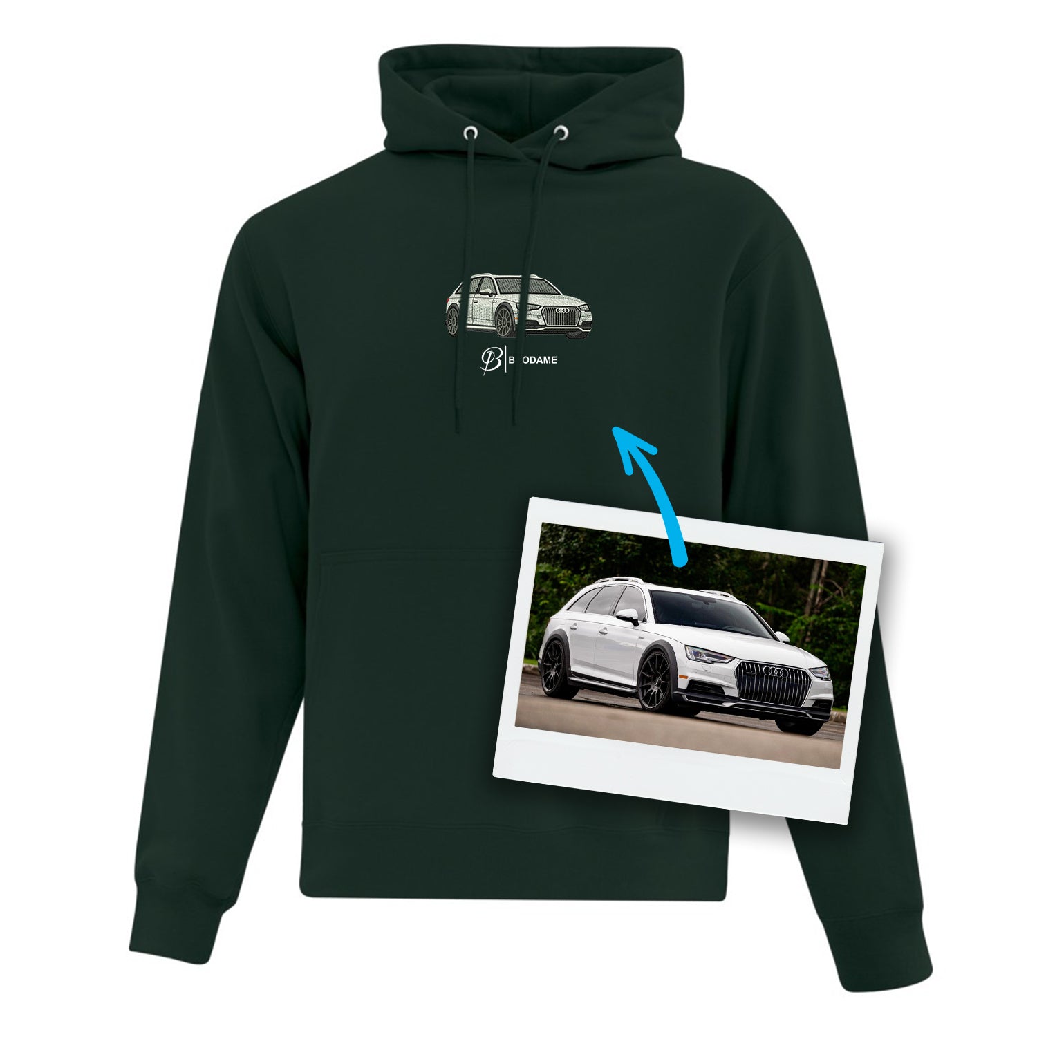 coton ouaté vert foret avec une audi blanche et le logo brodame brodé de façon réaliste au centre à partir d'une image fournie par le client