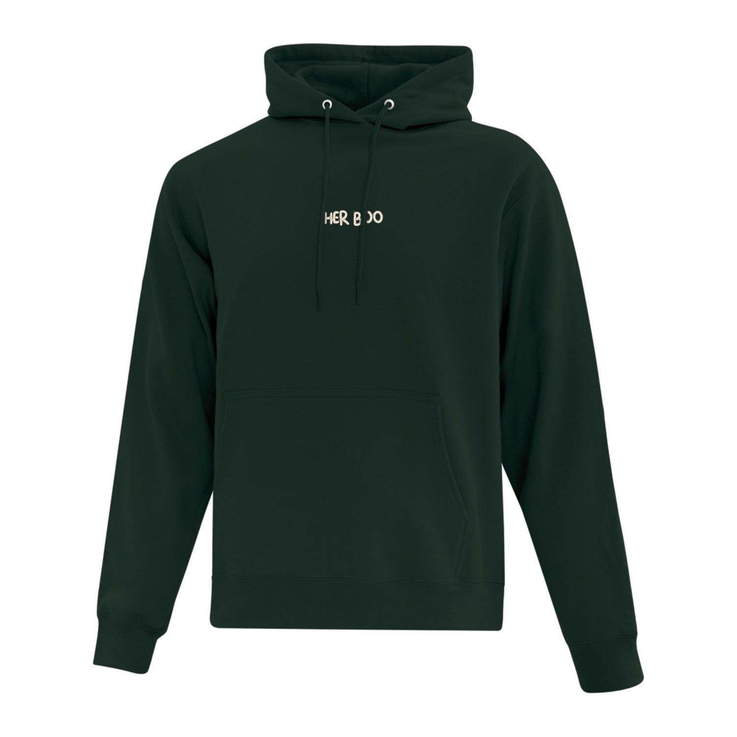 coton ouaté à capuchon vert foret avec broderie her boo en blanc crème