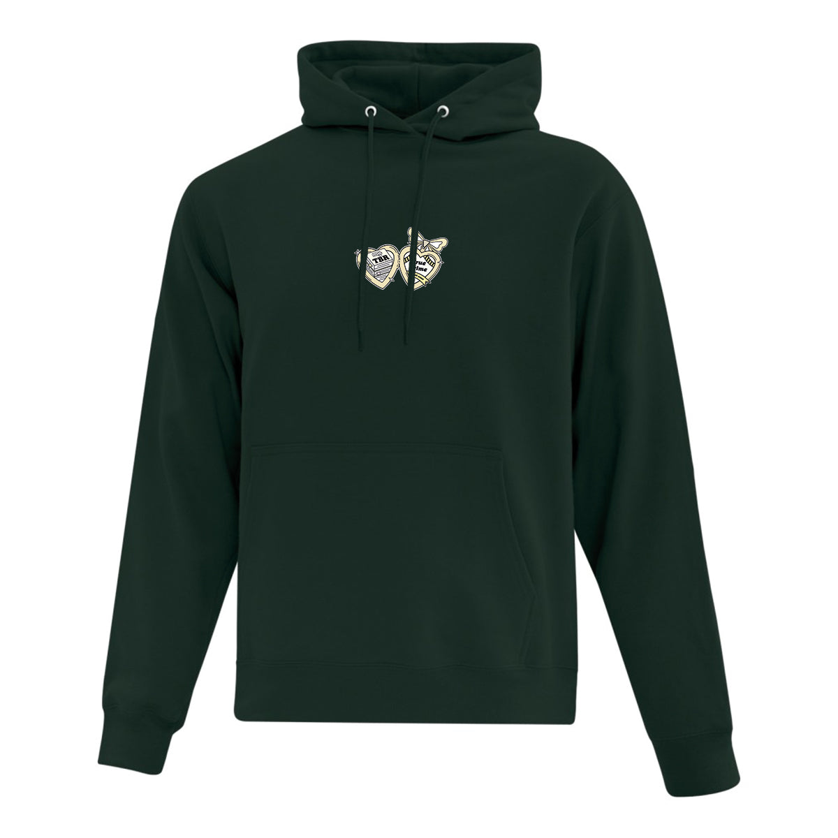 coton ouaté à capuchon vert forêt sur fond blanc. Il y a une impression d'un pendentif en forme de coeur ouvert avec un livre et un genre de lecture positionné au centre