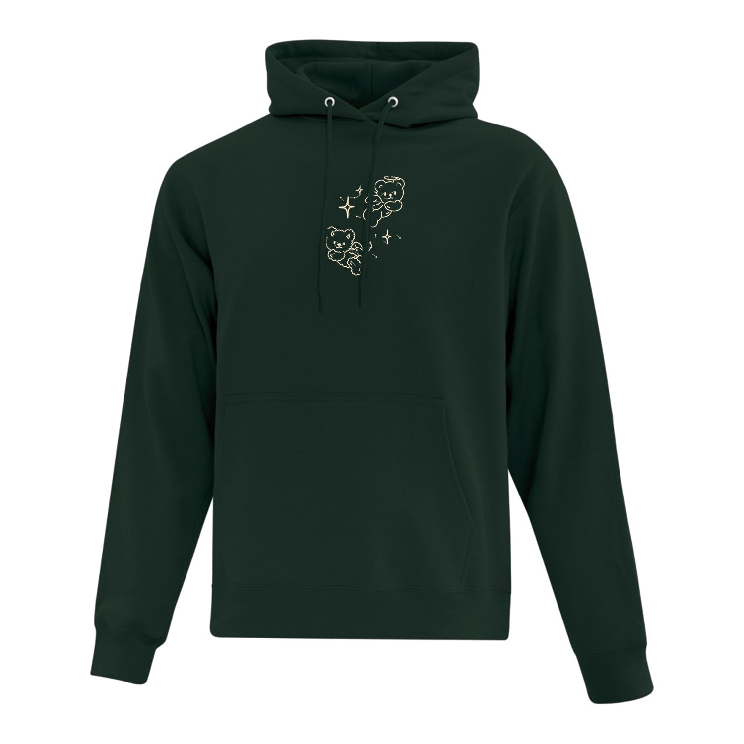 coton ouaté à capuchon vert foret avec broderie d'oursons ange et démon blanc crème avec des petites étoiles