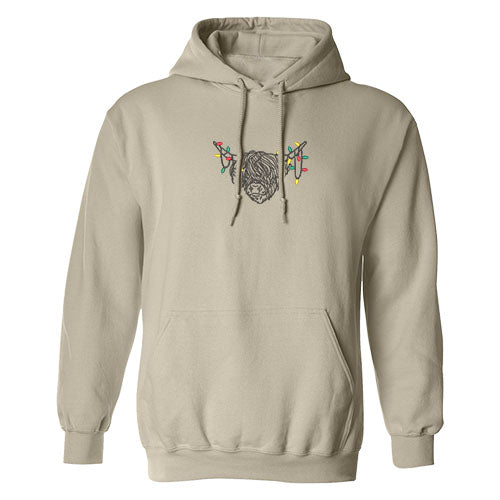 hoodie beige vache highland de noel avec des petites guirlandes de lumières