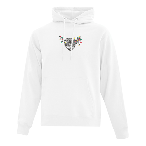 hoodie blanc vache highland de noel avec des petites guirlandes de lumières