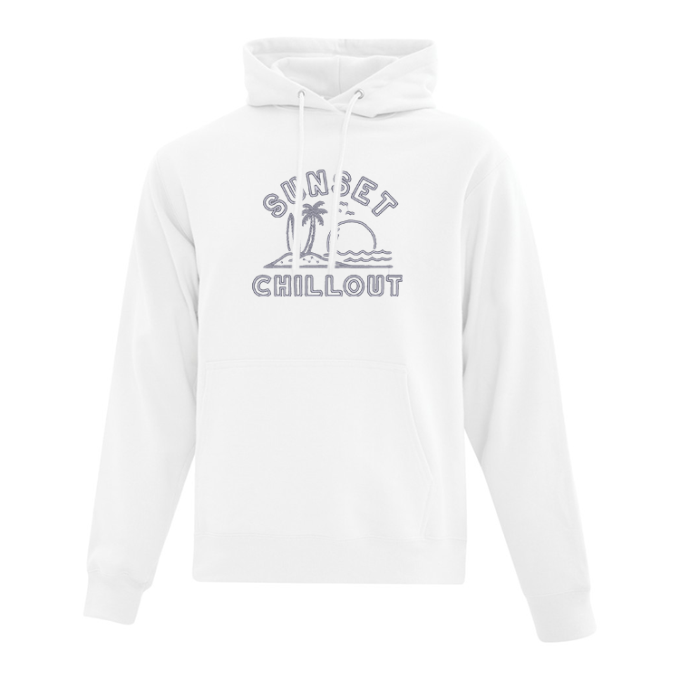 hoodie blanc broderie sunset chillout bleu acier couché de soleil
