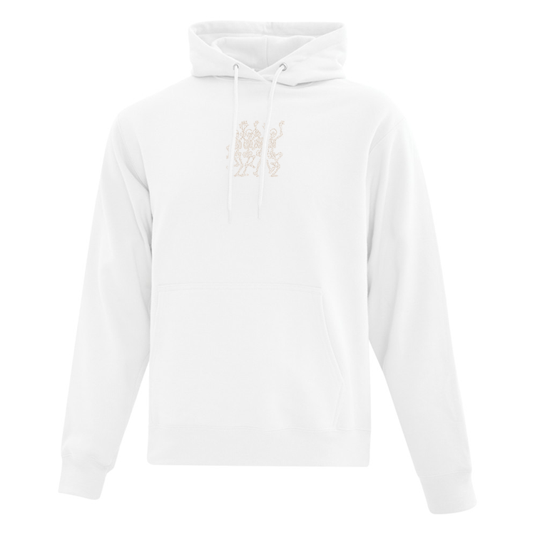 hoodie blanc avec squelettes qui dansent brodés en fil glow in the dark