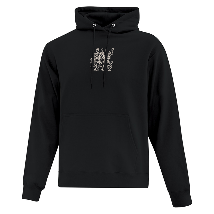 hoodie noir avec squelettes qui dansent brodés en fil glow in the dark