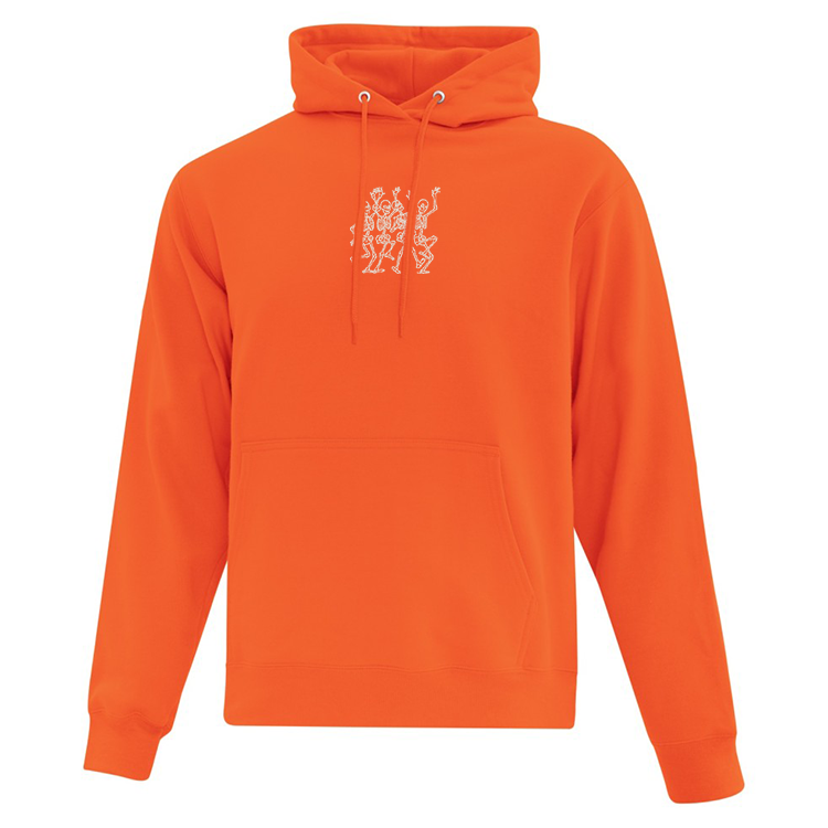 hoodie orange avec squelettes qui dansent brodés en fil glow in the dark