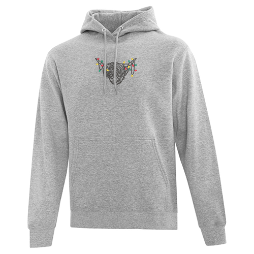 hoodie gris pâle vache highland de noel avec des petites guirlandes de lumières