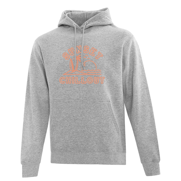 hoodie gris pâle broderie sunset chillout corail couché de soleil