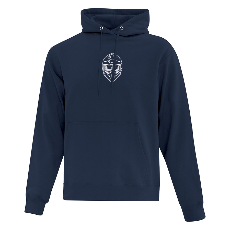 hoodie bleu marin avec casque de motocross brodé en blanc au centre