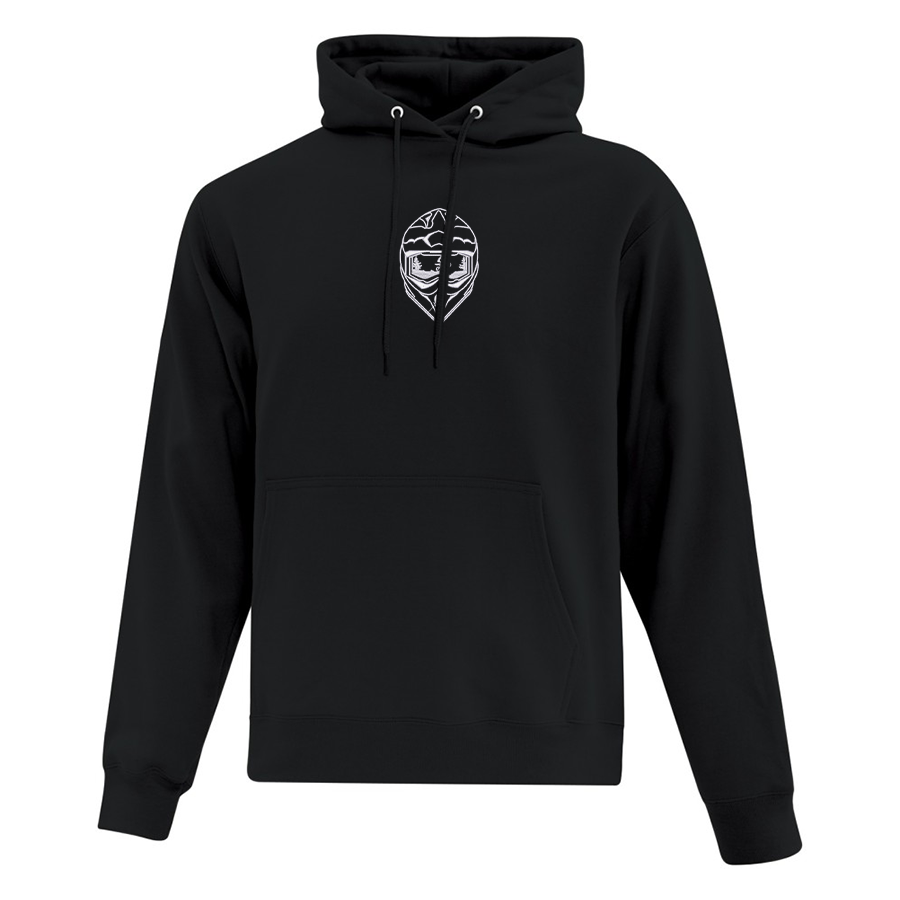 hoodie noir avec casque de motocross brodé en blanc au centre