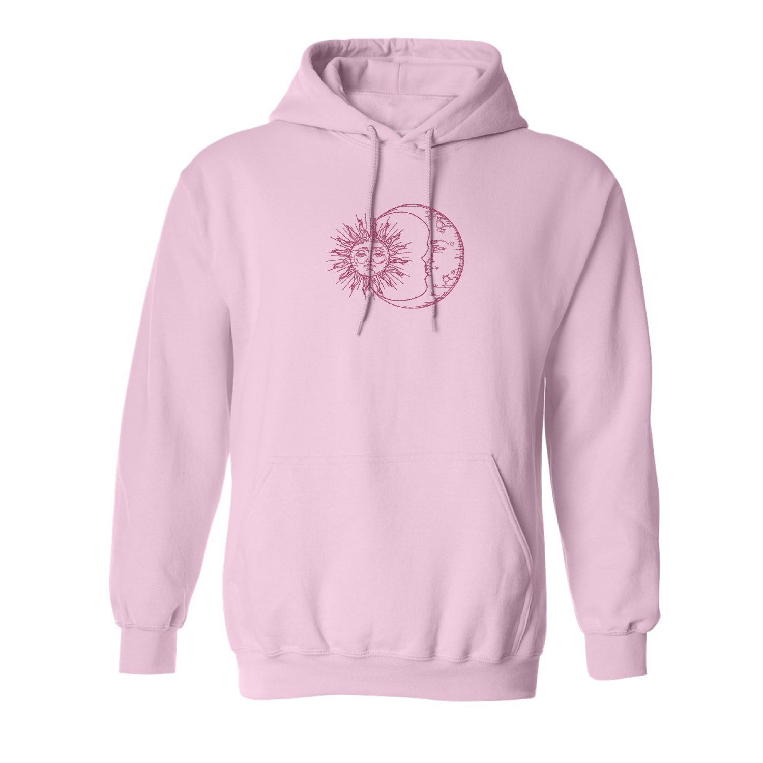 coton ouaté rose pâle ayant une broderie rose de soleil et de lune minimaliste