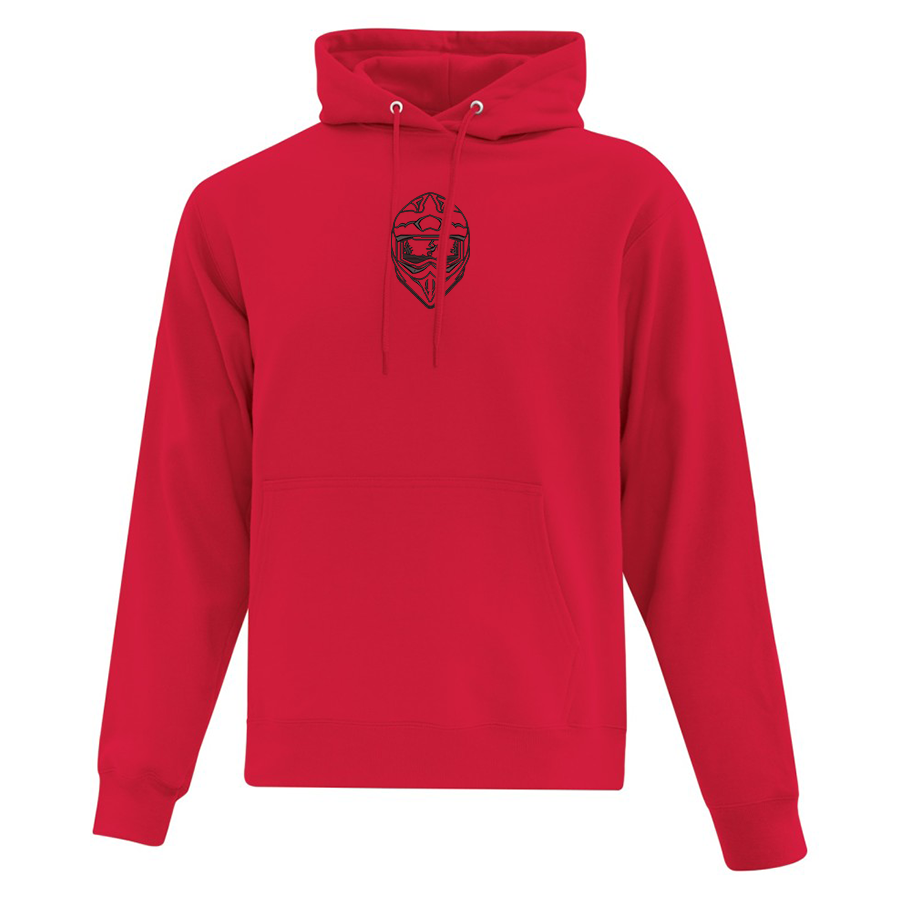 hoodie rouge avec casque de motocross brodé en noir au centre