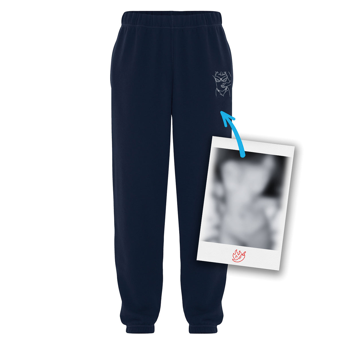 pantalons de jogging bleu marin avec une broderie blanche d'une silhouette coquine sur la poche gauche