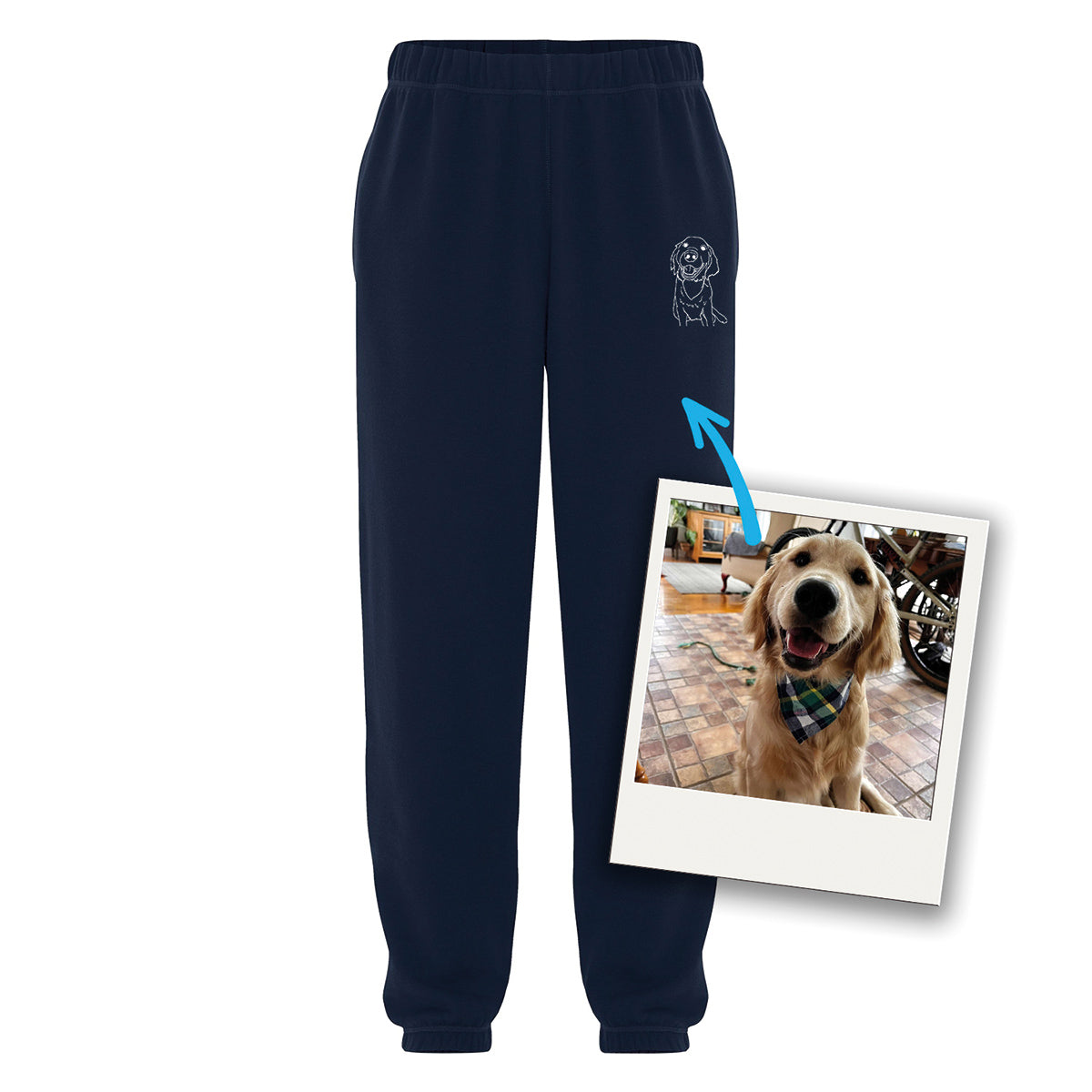 pantalons de joggings bleu marin personnalisé avec une broderie minimaliste blanche tracée à partir d'une photo