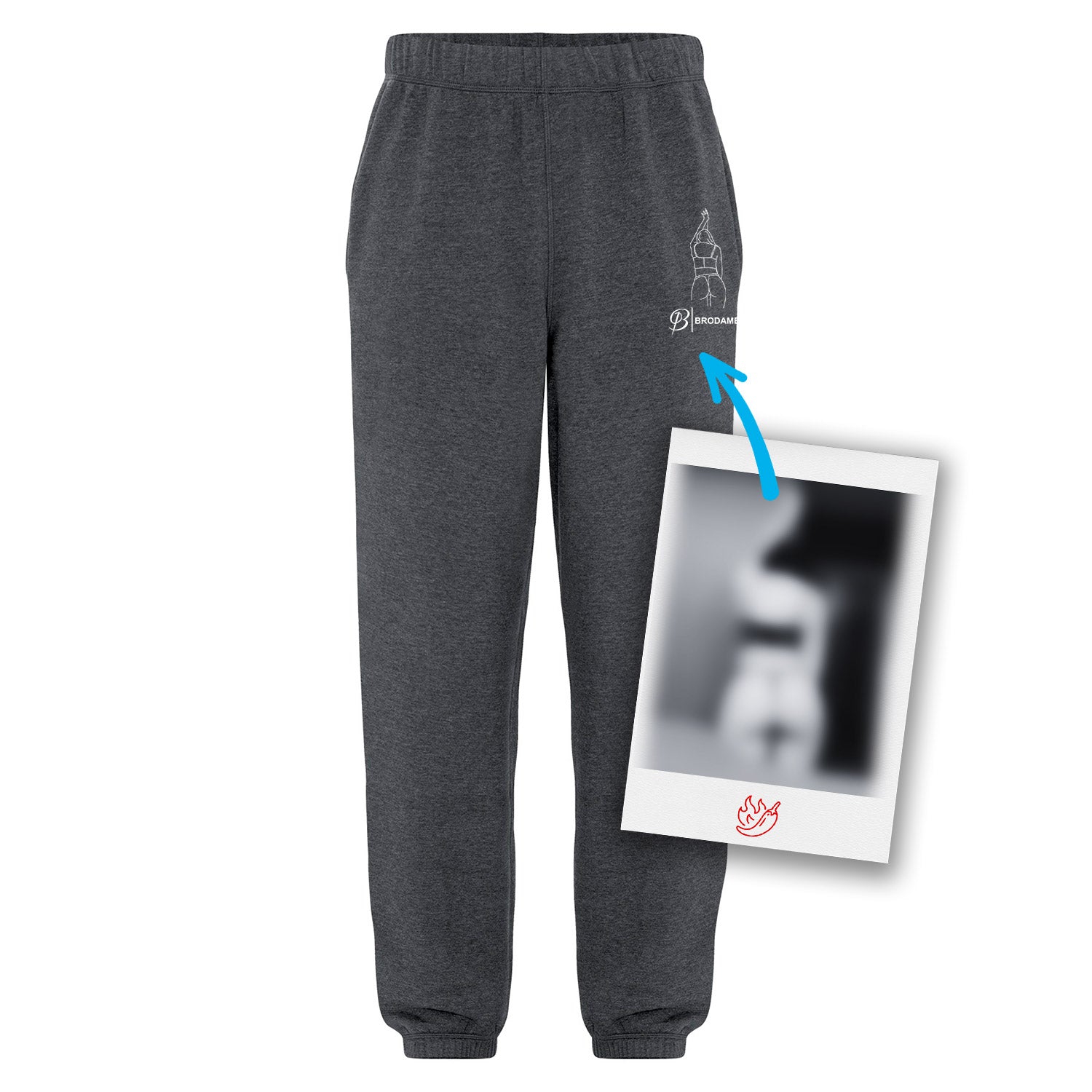 pantalons de jogging gris foncé avec une broderie d'une silhouette coquine sur la poche gauche avec le logo brodame en dessous