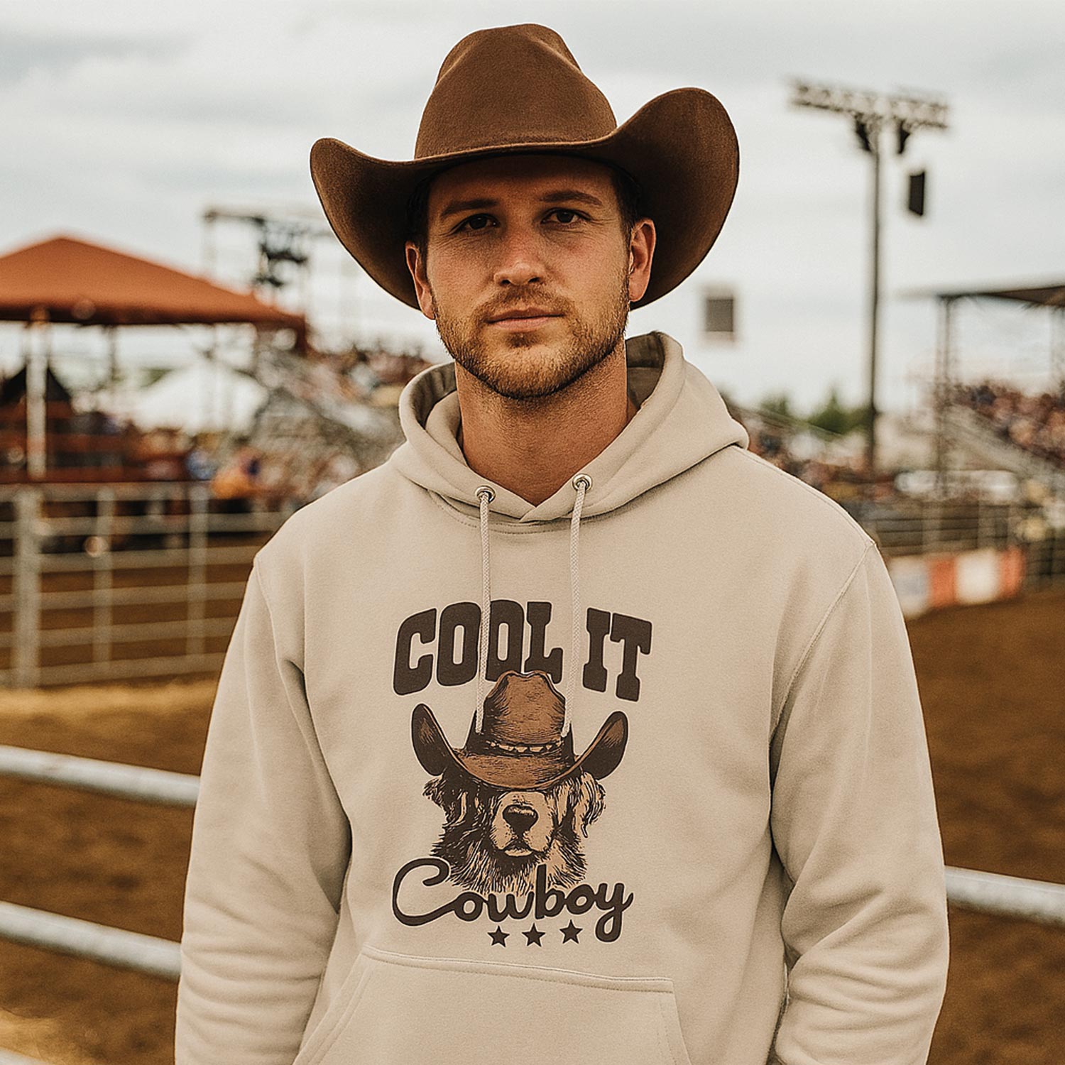 photo lifestyle d'un homme portant un hoodie beige avec une impression d'un golden retriever portant un chapeau de cowboy avec le texte "cool it cowboy" autour. L'homme est dans un décor de rodéo.