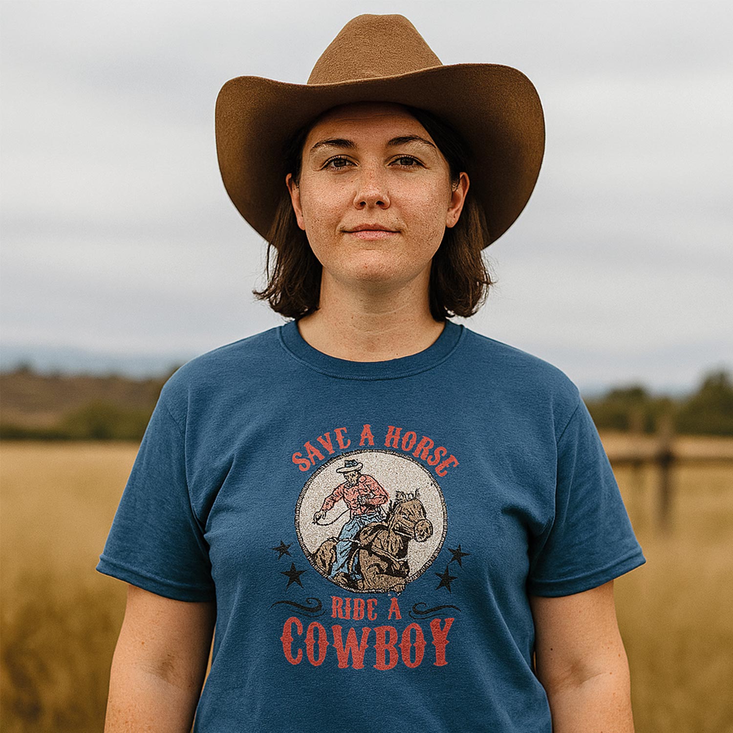 photo d'une jeune femme dans un champ de campagne portant un chapeau de cowboy et un t-shirt bleu avec un cowboy et son cheval avec l'écriture "save a horse, rise a cowboy" imprimé