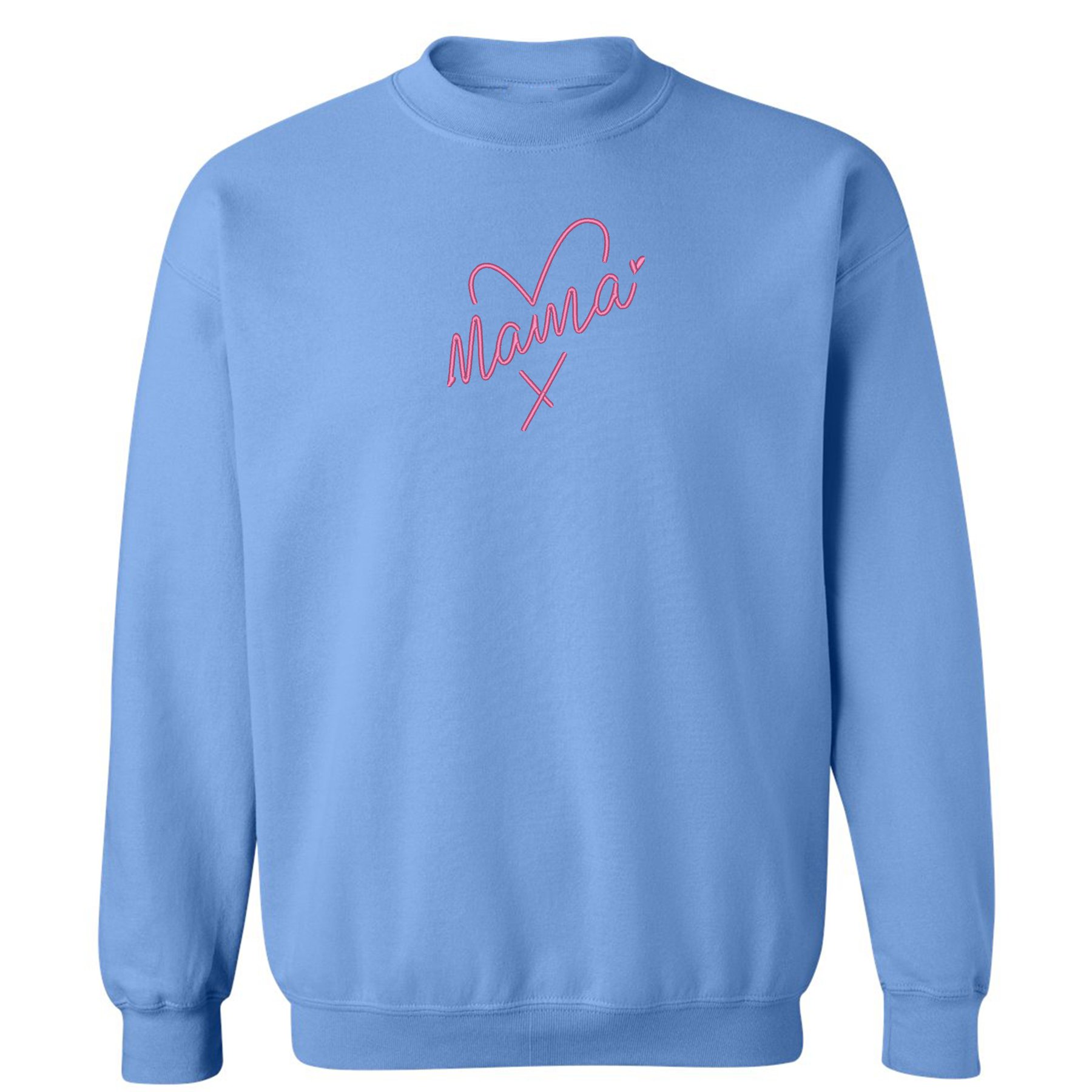 crewneck bleu pâle avec broderie mama avec un coeur en rose foncé