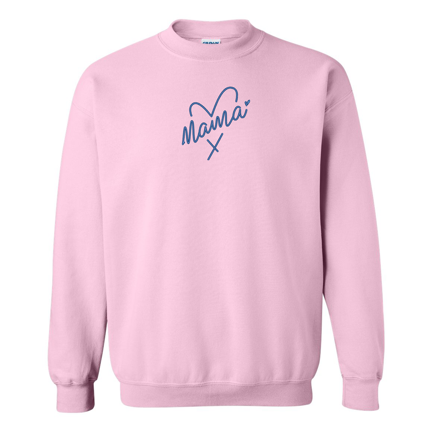 crewneck rose pâle avec broderie mama avec un coeur en bleu foncé