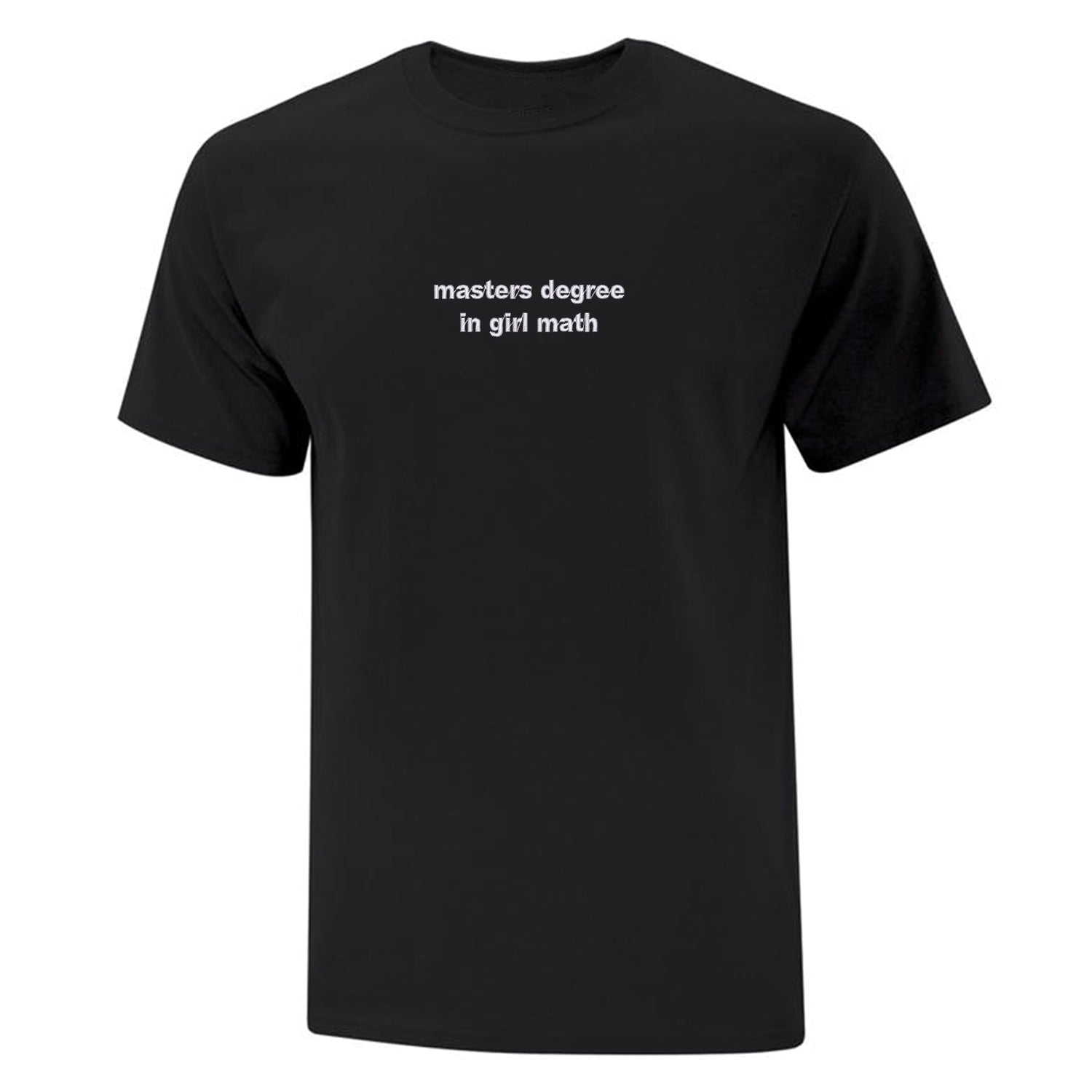 t-shirt à manches courtes noir avec broderie "masters degree in girl math" brodé en blanc