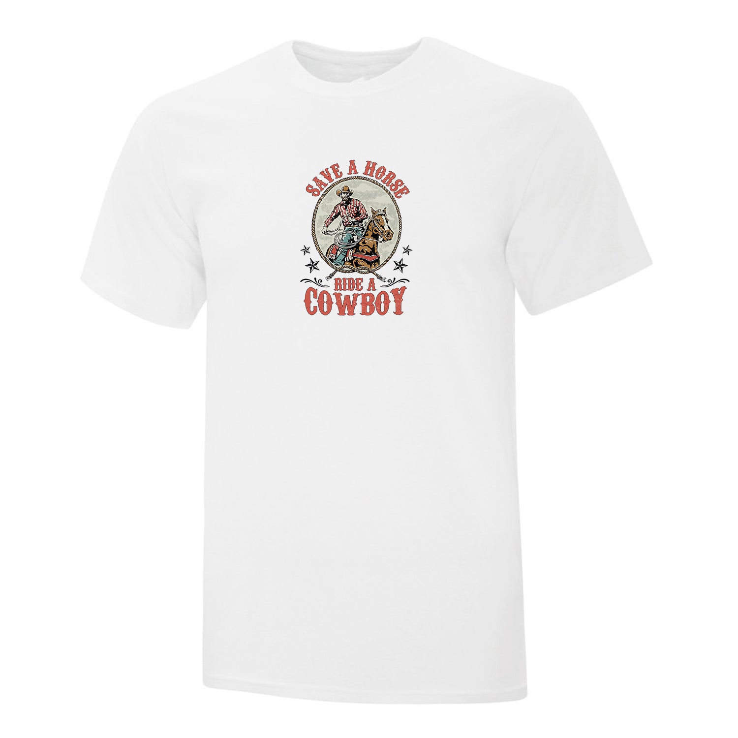 t-shirt blanc en manches courtes avec une impression western d'un cowboy sur son cheval avec le texte "save a horse, ride a cowboy"