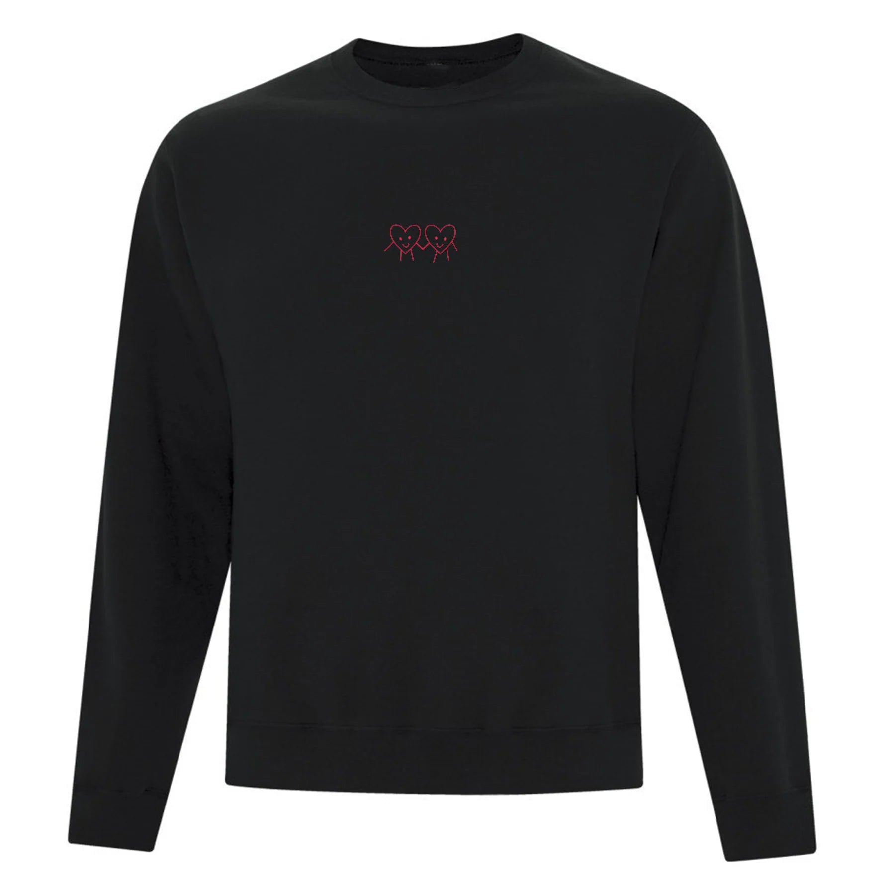 crewneck noir brodé avec deux coeurs se donnant la main en rouge