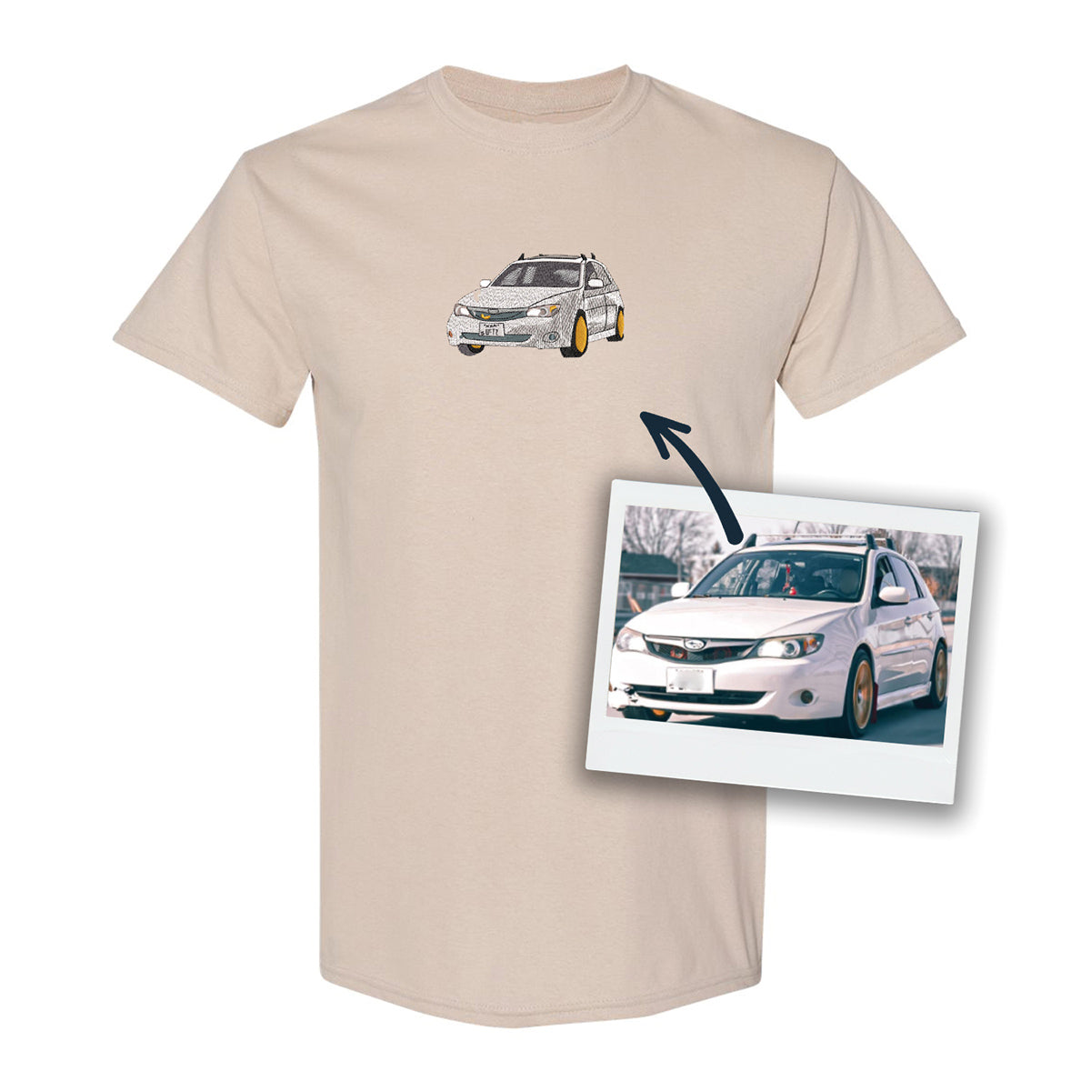 t-shirt beige brodé d'une voiture brodé produit personnalisable subaru