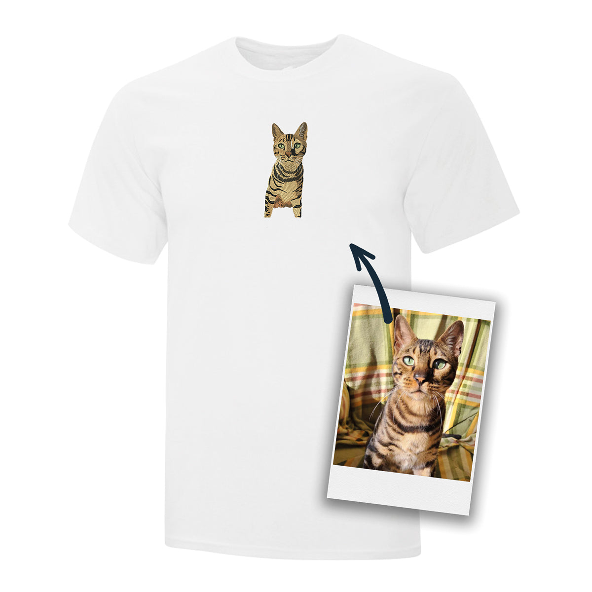 t-shirt à manches courtes blanc avec une broderie de chat bengal faite à partir d'une photo