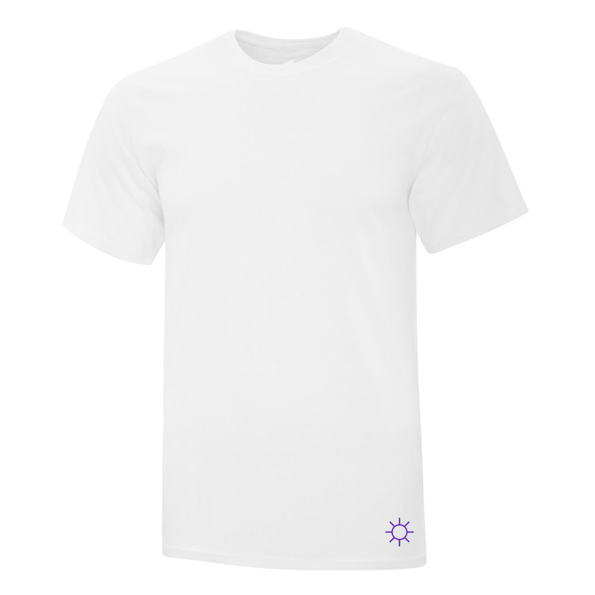 t-shirt manches courtes blanc avec un soleil minimaliste mauve imprimé au coin inférieur droit