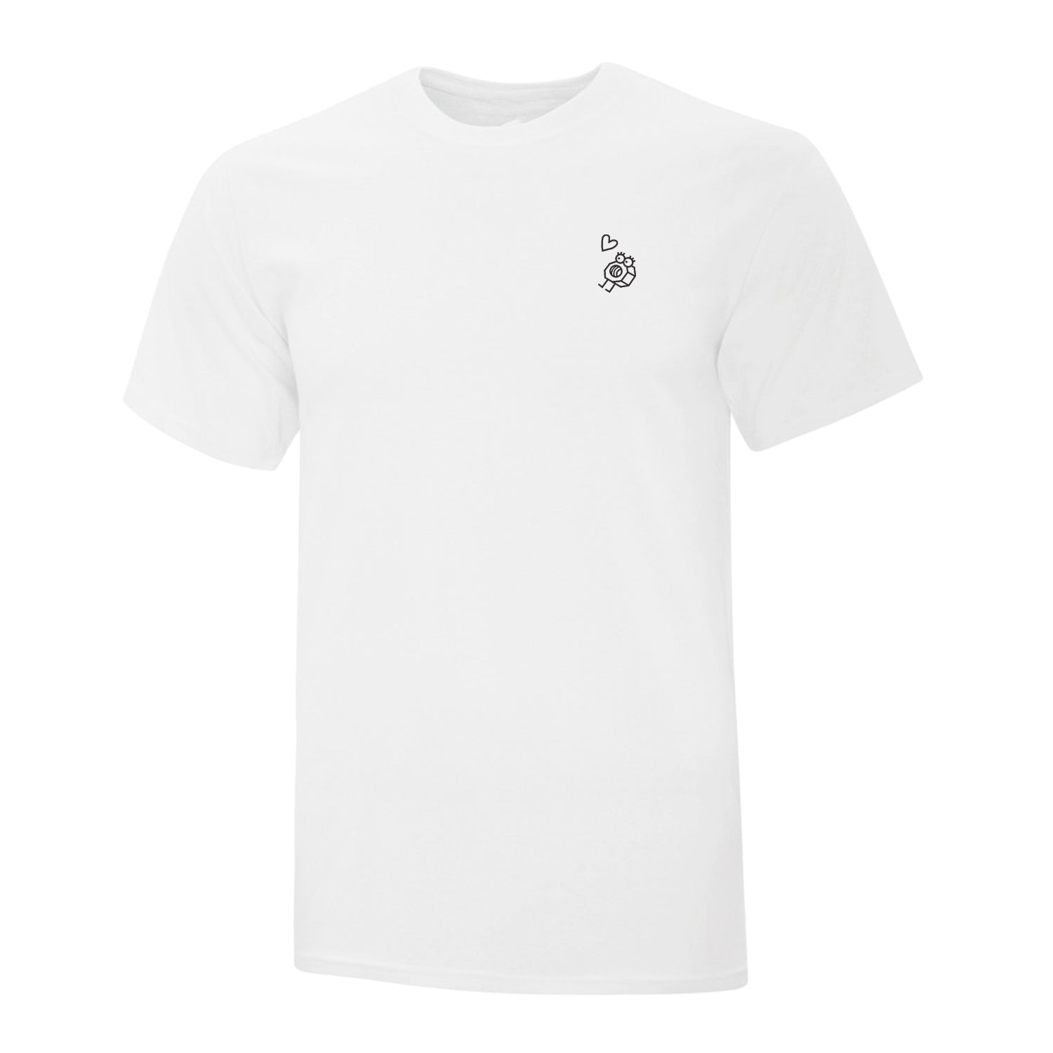 t-shirt blanc avec une broderie d'un écrou animé et un petit coeur brodé à gauche en noir