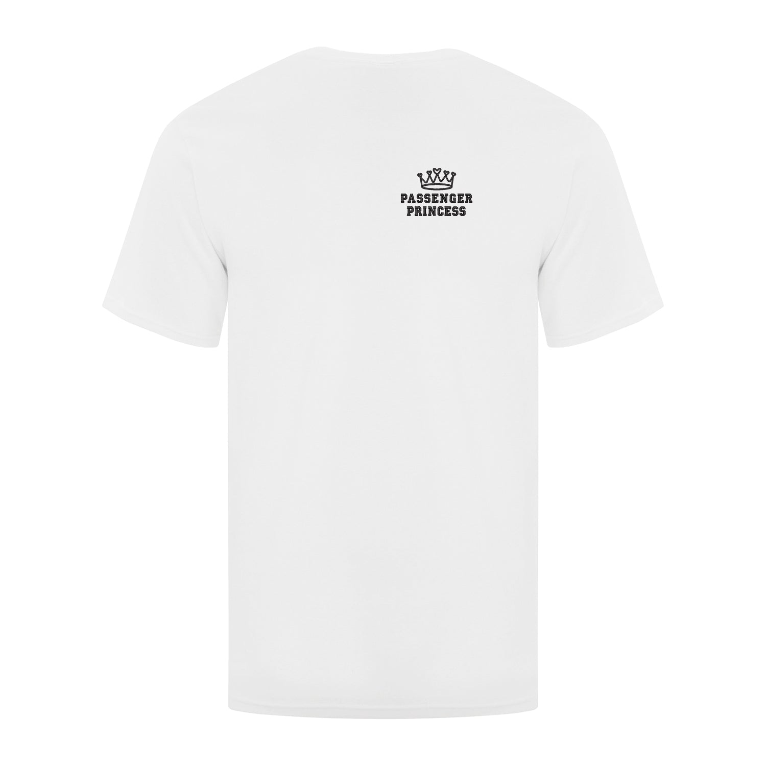 t-shirt à manches courtes unisexe blanc avec une broderie noire écrit "passenger princess" avec une couronne au-dessus situé au coeur.