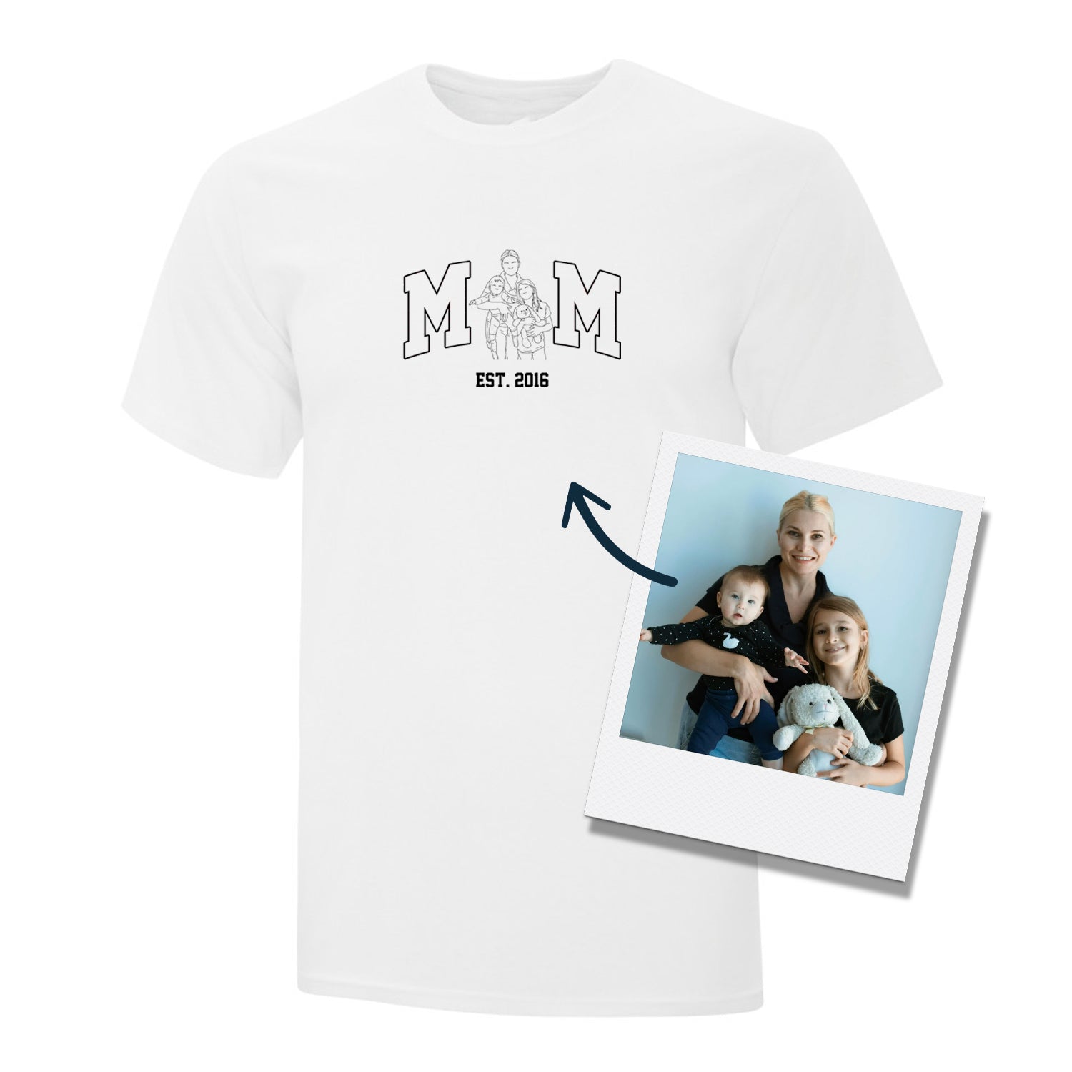 t-shirt manches courtes blanc avec broderie MOM noir et silhouette dessinée à partir d'une photo qui remplace le O