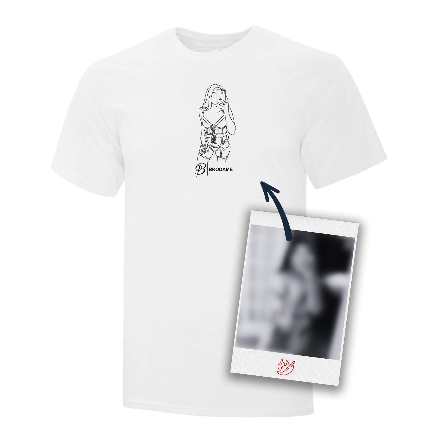 t-shirt à manches courtes blanc avec une silhouette spicy brodée en noir dessinée à partir d'une photo