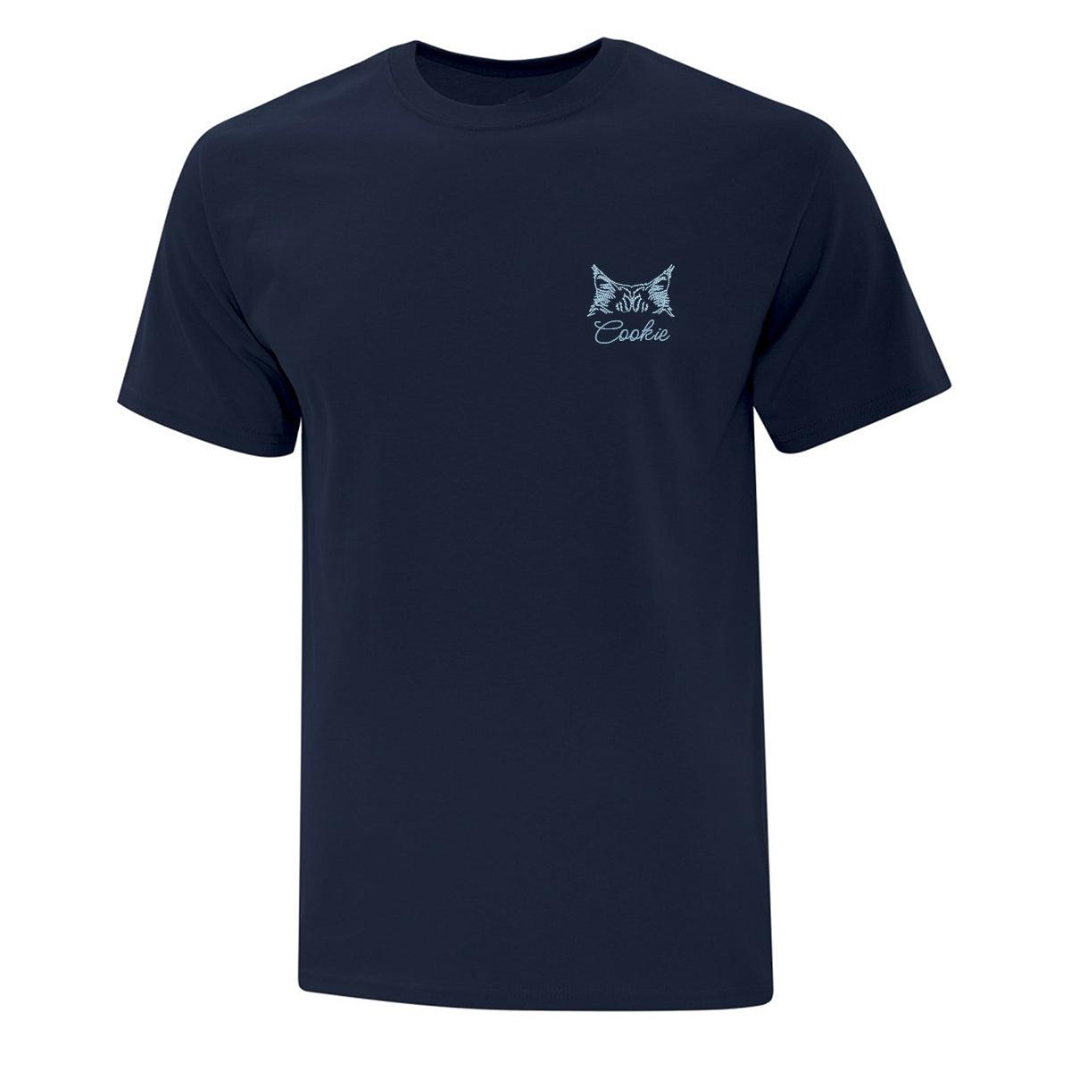 t-shirt bleu marin avec broderie au coeur bleu pale d'oreilles de chat et le nom du chat en dessous