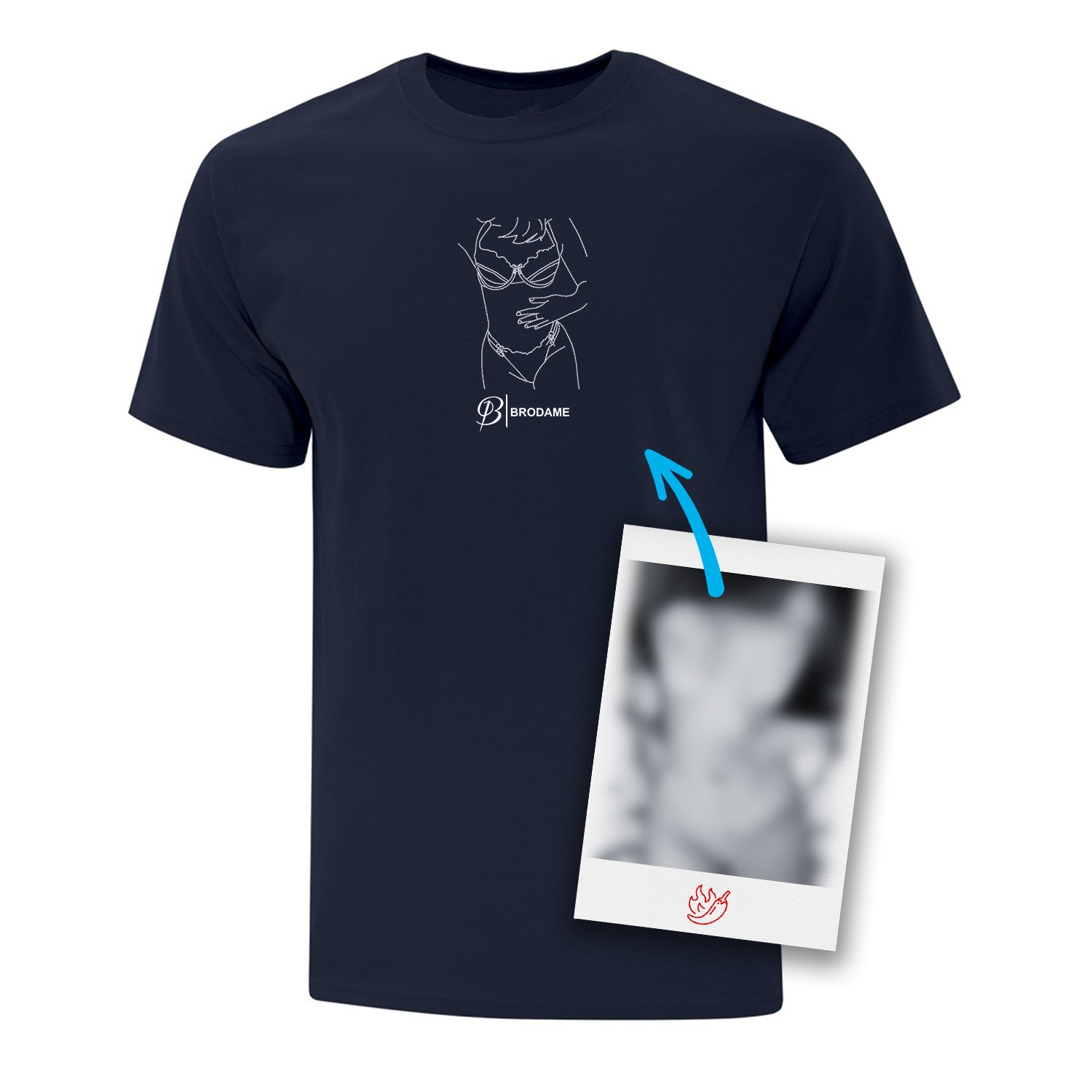 t-shirt à manches courtes bleu marin avec une silhouette spicy brodée en blanc dessinée à partir d'une photo
