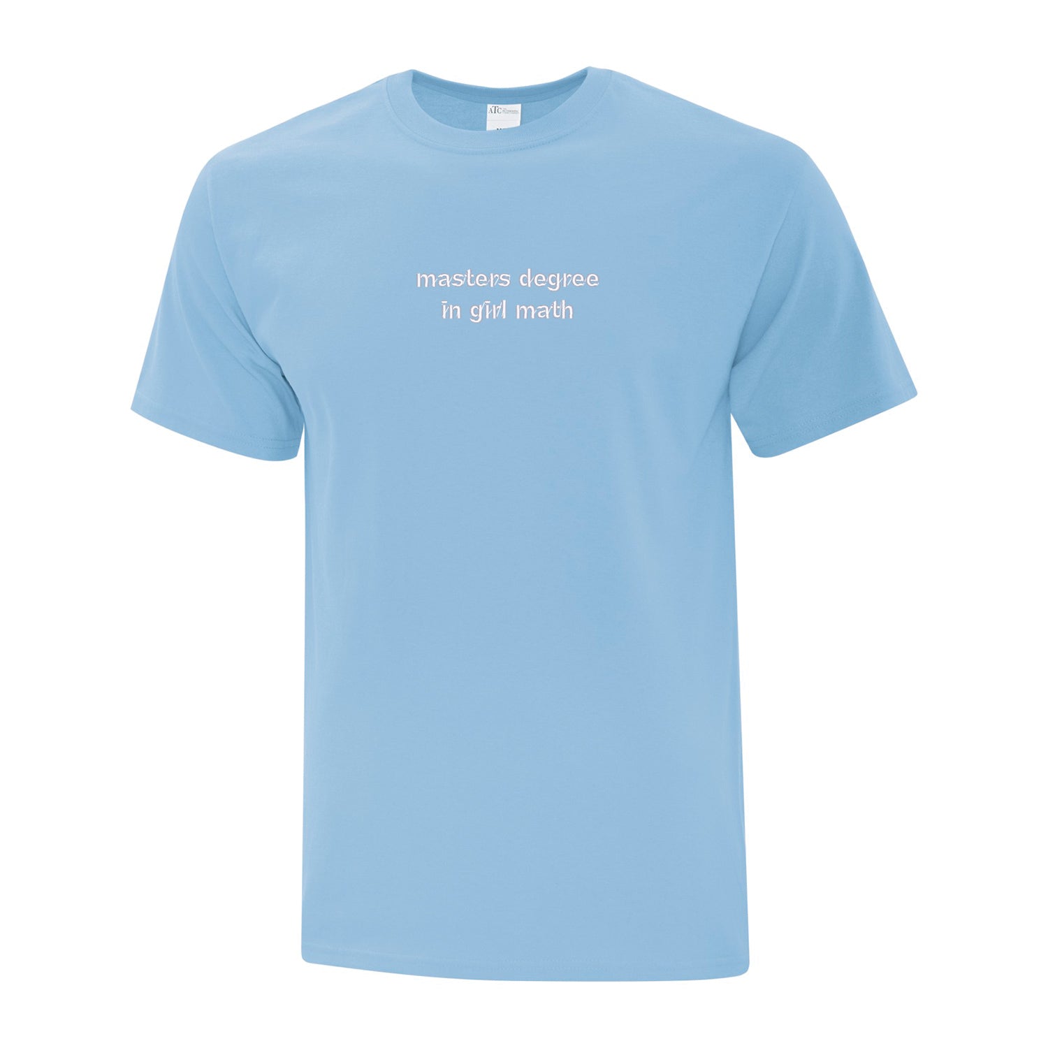t-shirt à manches courtes bleu pâle avec broderie "masters degree in girl math" brodé en blanc