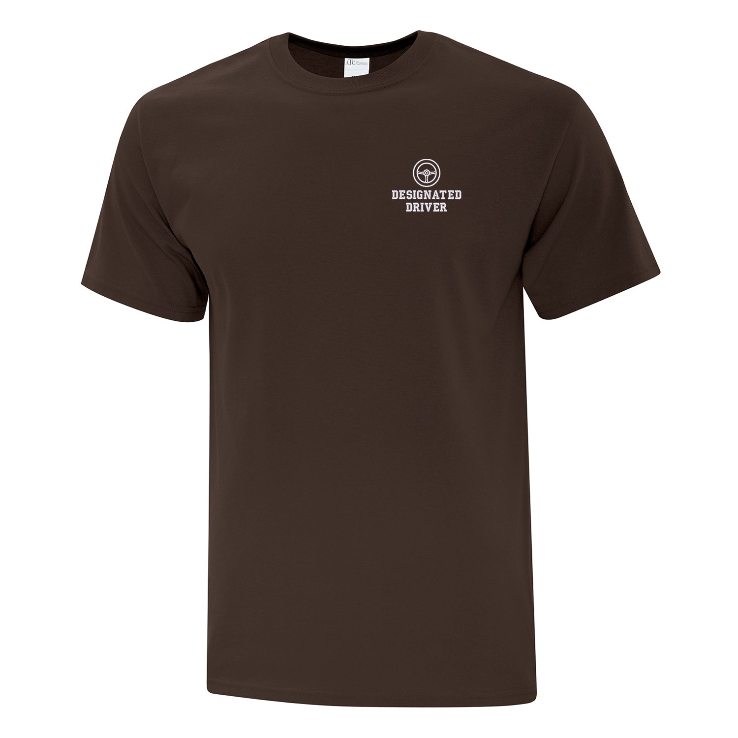 t-shirt brun à manches courtes avec une broderie "designated driver" et un volant de voiture au-dessus. La broderie est au coeur en blanc